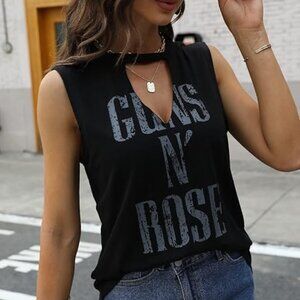 Guns N' Rose Hollow Out V-Neck Tank Top Sleeveless T-Shirt Black Women's Small